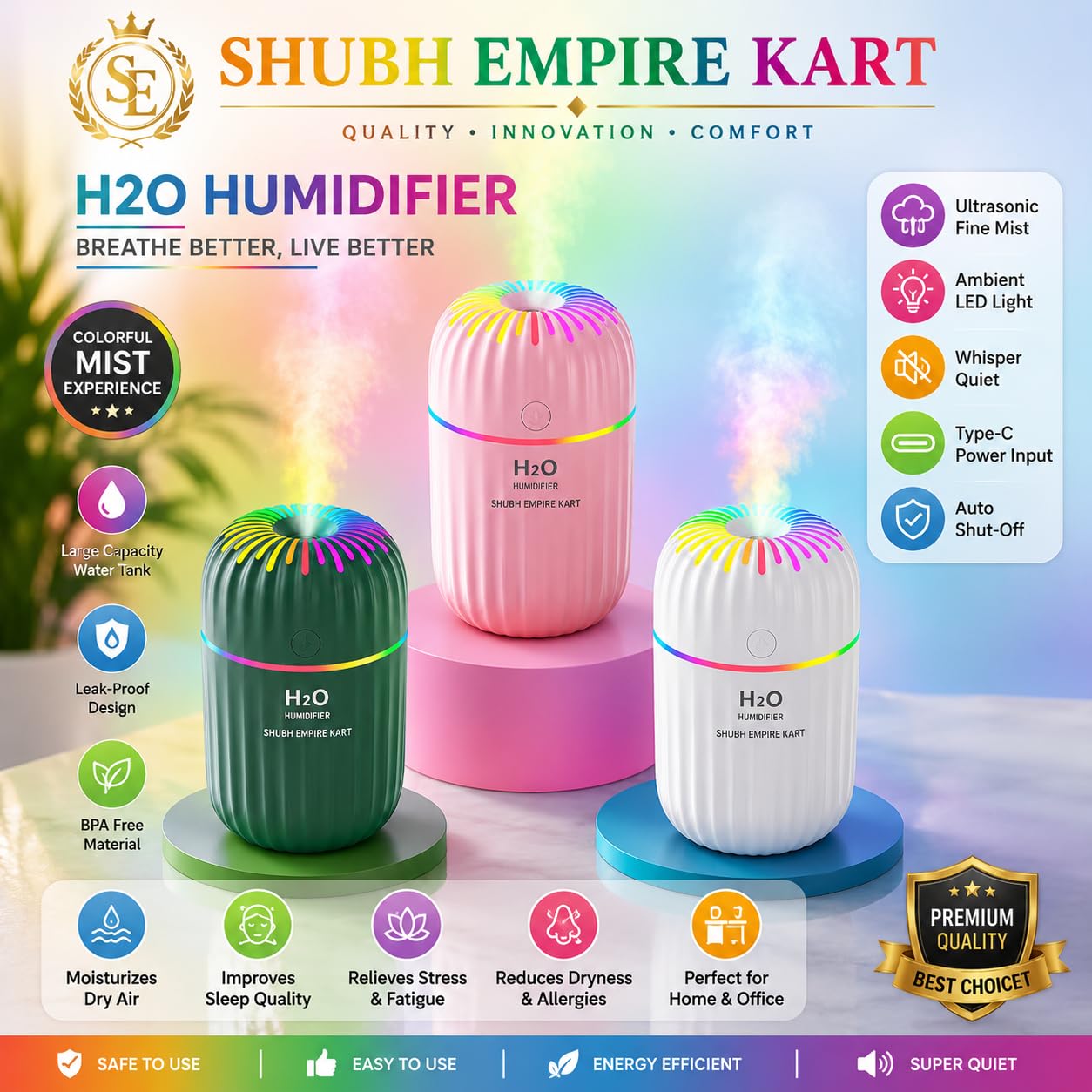 Shubh Empire Mini Ultrasonic humidifier For Room Moisture, Essential Oil Diffuser, Cool Mist For Car, Bedroom, Baby, Aroma Diffuser For Home Electric With Night Lamp-A7