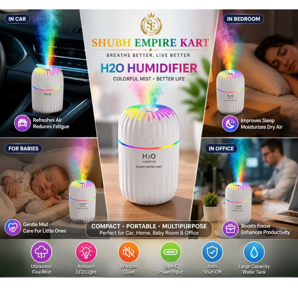 Shubh Empire Mini Ultrasonic humidifier For Room Moisture, Essential Oil Diffuser, Cool Mist For Car, Bedroom, Baby, Aroma Diffuser For Home Electric With Night Lamp-A7