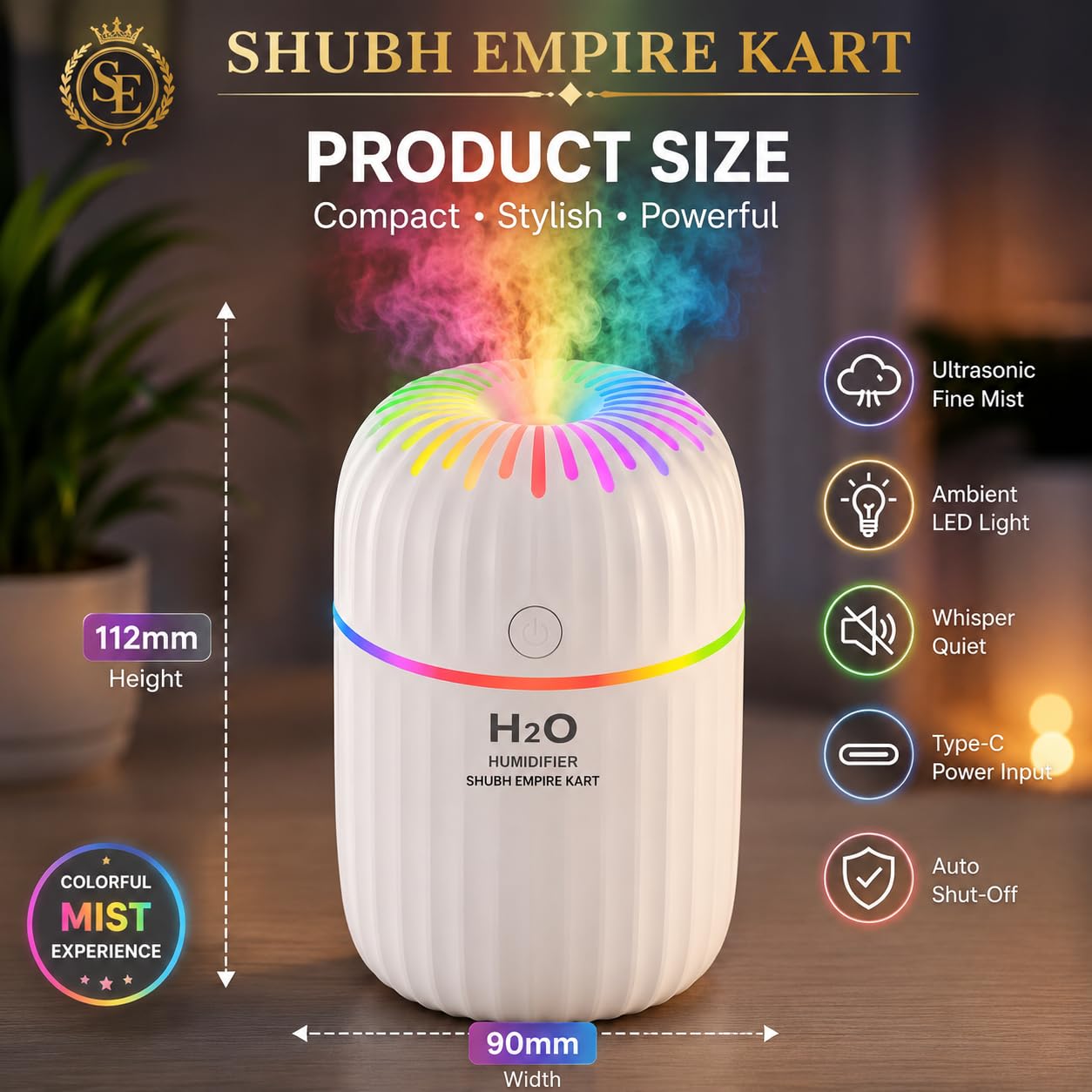 Shubh Empire Mini Ultrasonic humidifier For Room Moisture, Essential Oil Diffuser, Cool Mist For Car, Bedroom, Baby, Aroma Diffuser For Home Electric With Night Lamp-A7