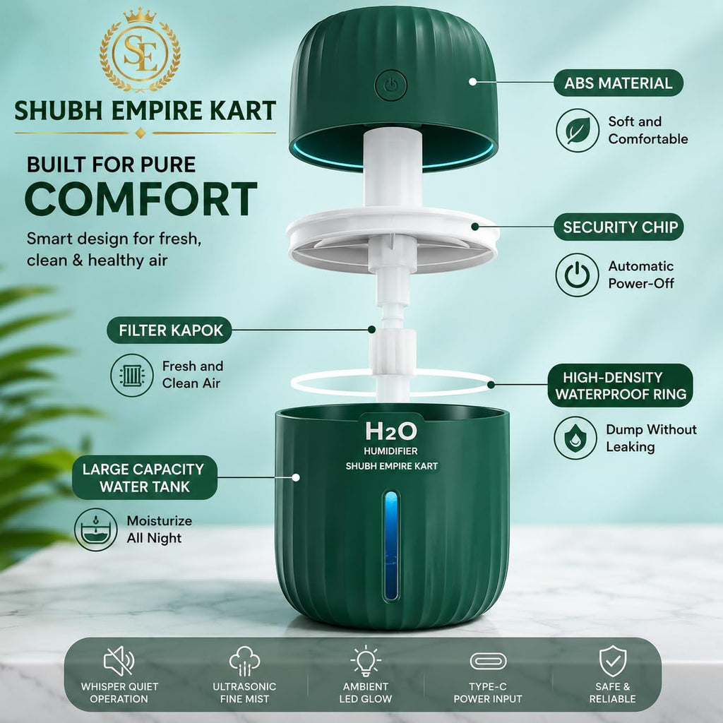 Shubh Empire Mini Ultrasonic humidifier For Room Moisture, Essential Oil Diffuser, Cool Mist For Car, Bedroom, Baby, Aroma Diffuser For Home Electric With Night Lamp-A7