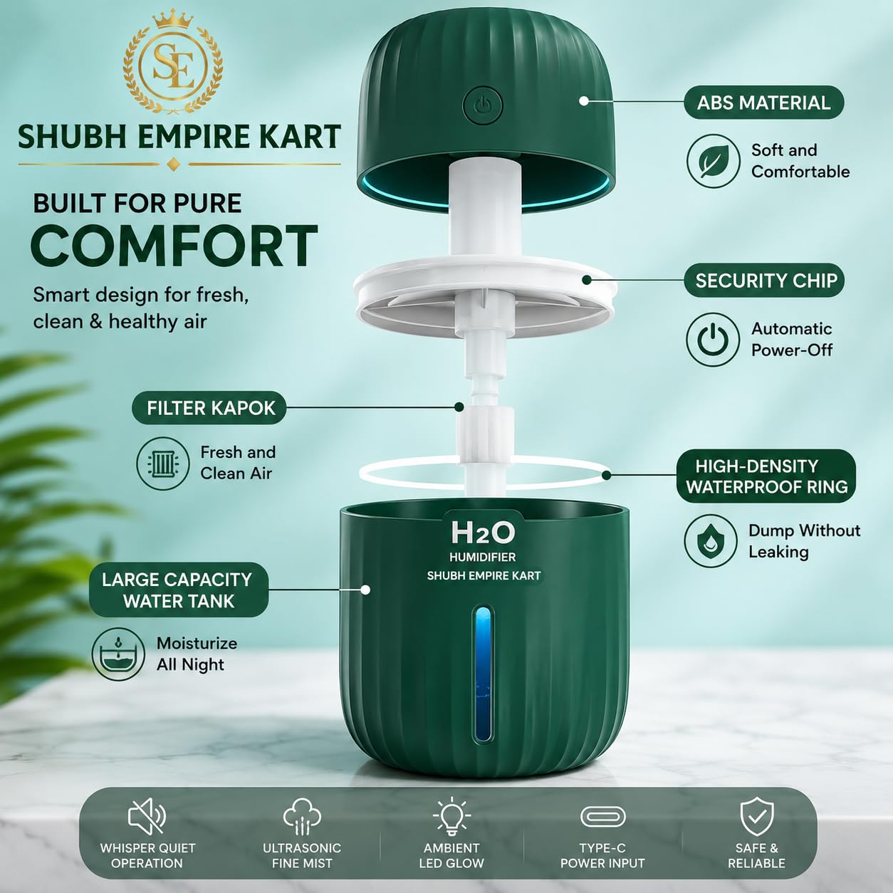 Shubh Empire Mini Ultrasonic humidifier For Room Moisture, Essential Oil Diffuser, Cool Mist For Car, Bedroom, Baby, Aroma Diffuser For Home Electric With Night Lamp-A7